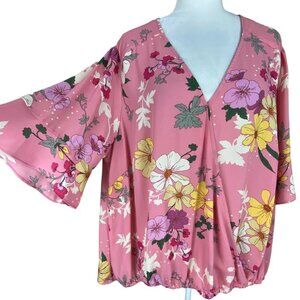 Sanctuary Barbie Pink Floral Faux Wrap Bell Sleeve Ruffle Top Women's Sz 2X